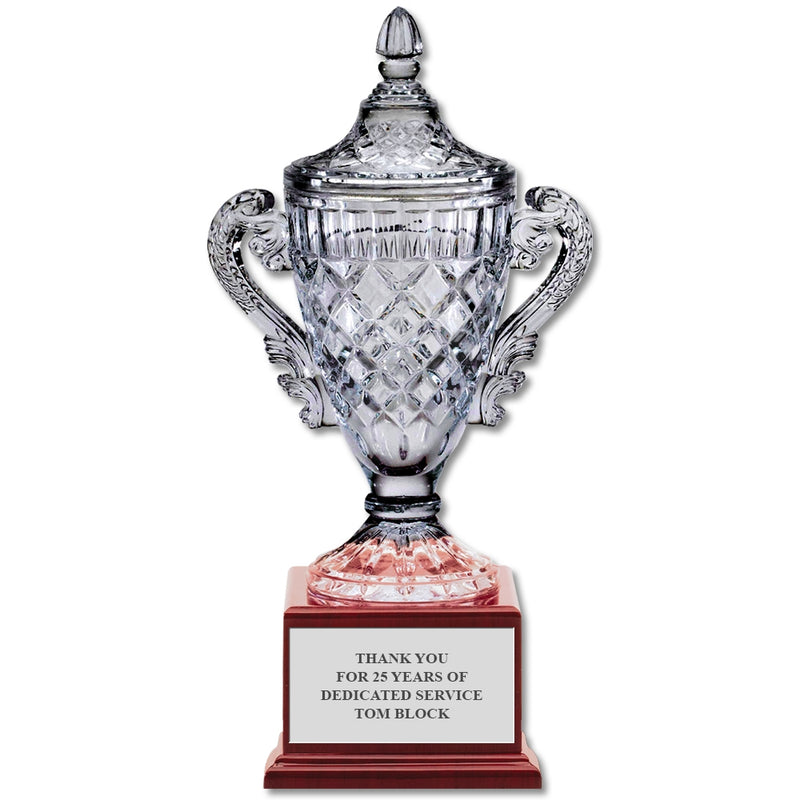 13-1/2" Custom Engraved Optical Crystal Award With Rosewood Base