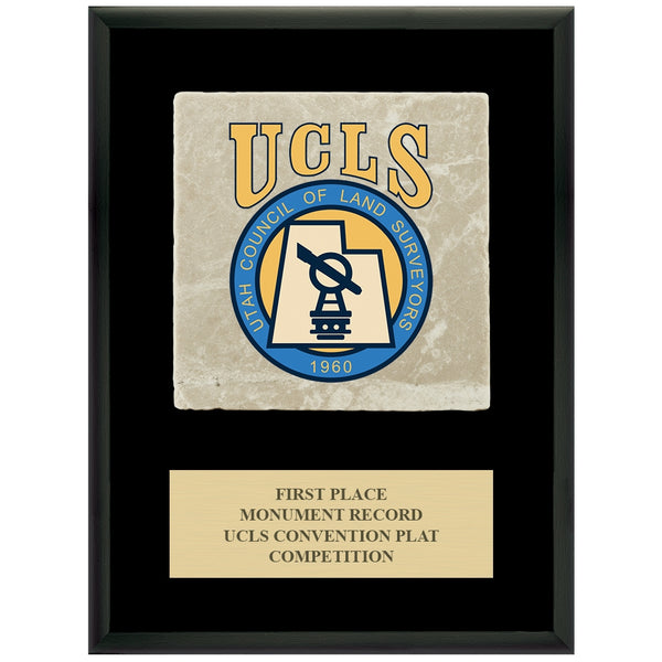 7" x 9" Custom Full Color Black Plaque With Tumbled Stone Tile & Engraved Plate