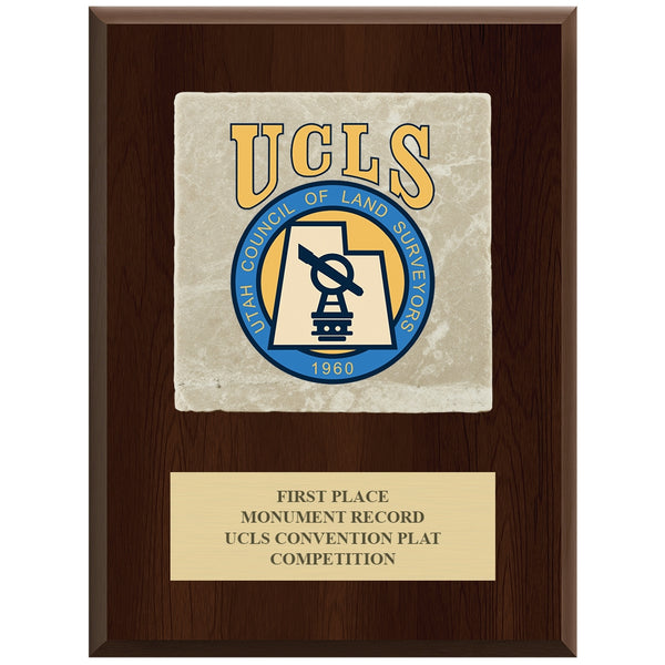 7" x 9"  Full Color Award Plaque  - Cherry Finish With Tumbled Stone Tile & Engraved Plate