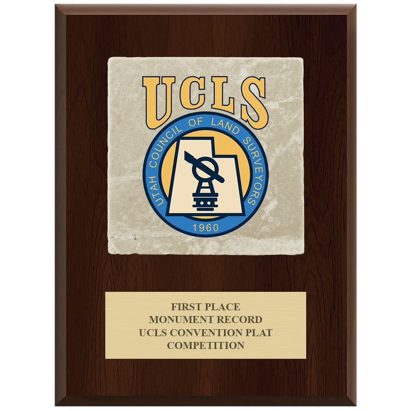 7" x 9"  Full Color Award Plaque  - Cherry Finish With Tumbled Stone Tile & Engraved Plate