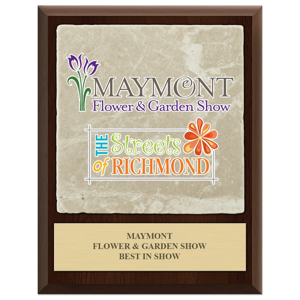 9" x 12" Custom Full Color Cherry Plaque With Tumbled Stone Tile & Engraved Plate