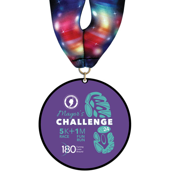 3-1/2" Standard Shape Custom Black Acrylic Medal With Stock Millennium Neck Ribbon
