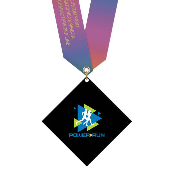 3-1/2" Standard Shape Custom Black Acrylic Medal With Specialty Satin Neck Ribbon