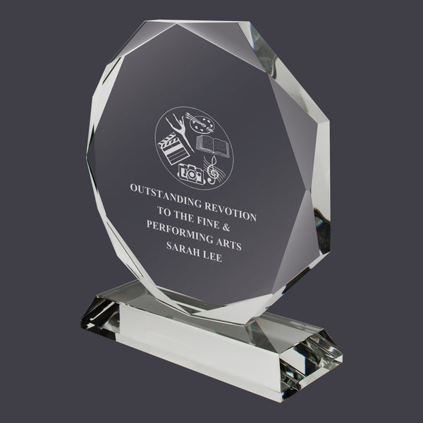 5-1/2" x 4-1/2" Custom Engraved Octagon Optical Crystal With Attached Base