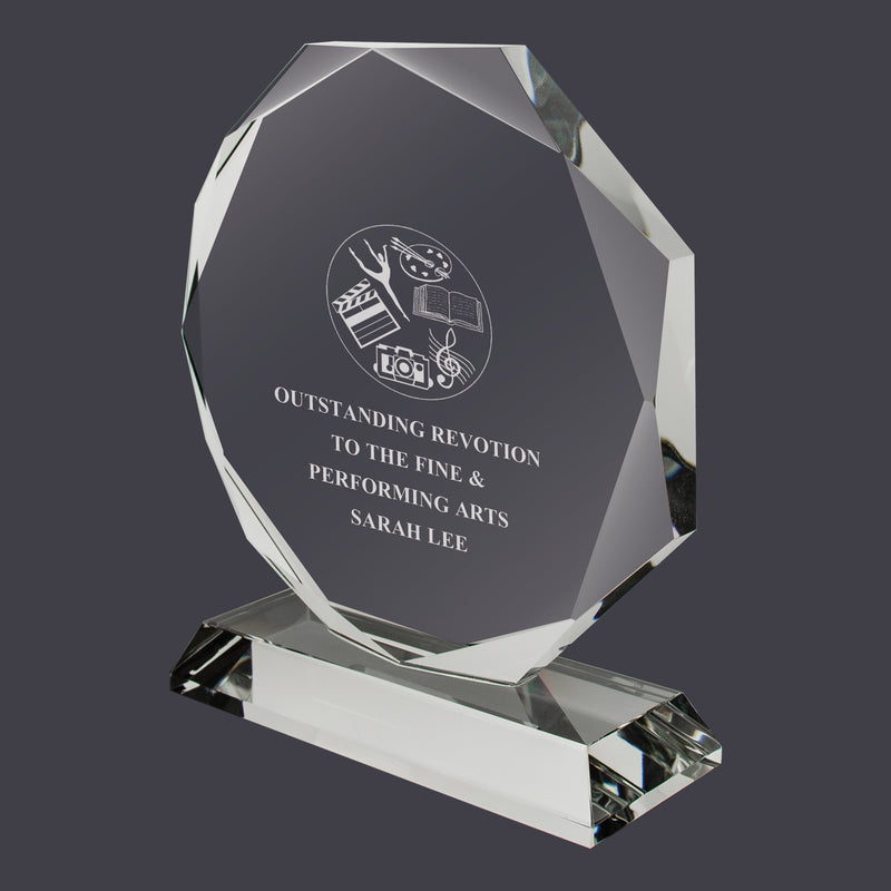 5-1/2" x 4-1/2" Custom Engraved Octagon Optical Crystal With Attached Base