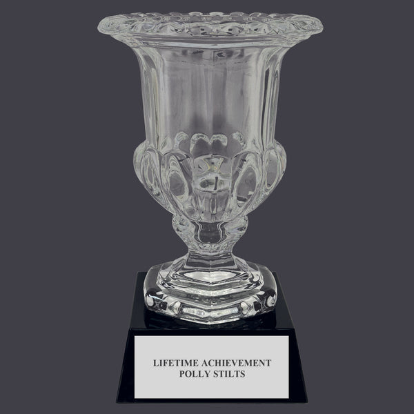 7-1/2" Custom Engraved Tulip Optical Crystal Trophy With Attached Base