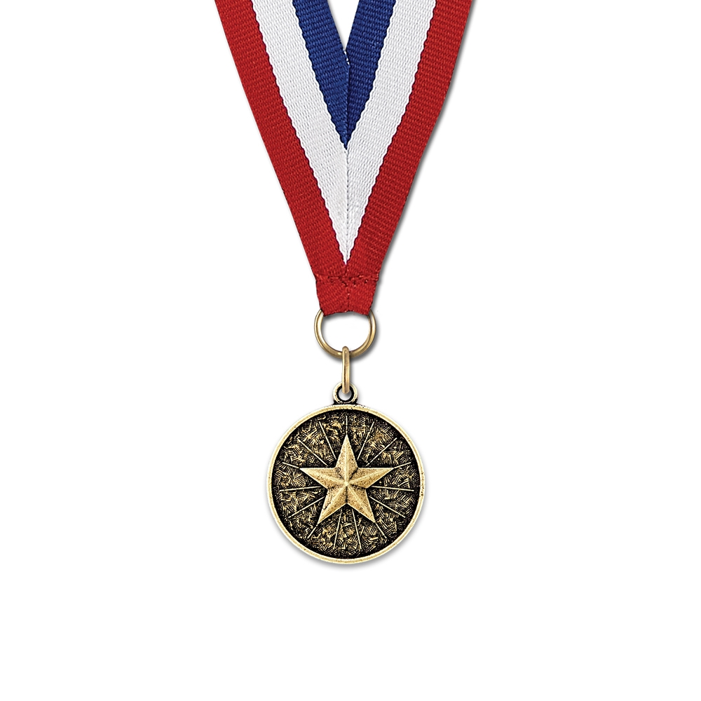 1-1/8 Cast CX Stock Medal w/ Red/White/Blue or Year Grosgrain Neck Ribbon
