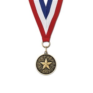 1-1/8" Cast CX Stock Medal w/ Red/White/Blue or Year Grosgrain Neck Ribbon