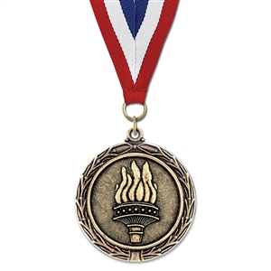 2-1/4" Cast LX Stock Medal w/ Red/White/Blue or Year Grosgrain Neck Ribbon